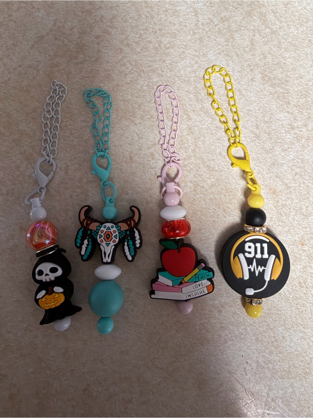Colorful Silicone Charms Keychain Set - Skull, Cow Skull, Apple, 911 Headset